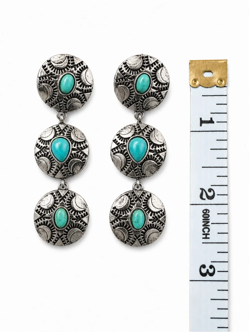 Southwest Style Turquoise Look Triple Drop Earrings Silver Toned Concho